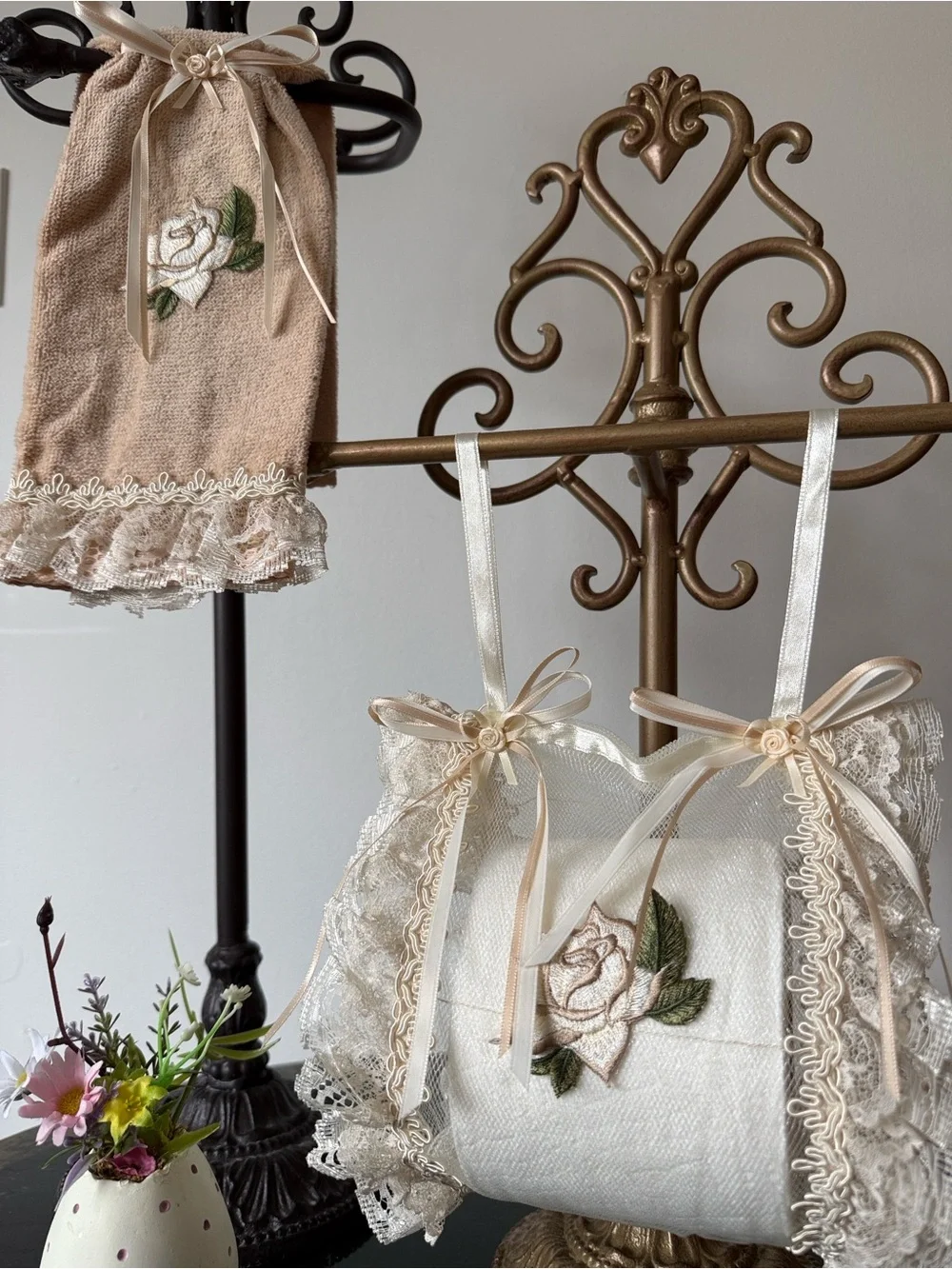 Hand Crafted Beige and Ivory Lace Toilet Paper Sachet & Hand Towel Set